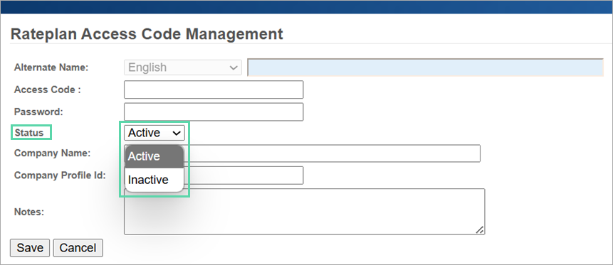  new Active/Inactive status for access codes on the Rate Plan Access Code Management page