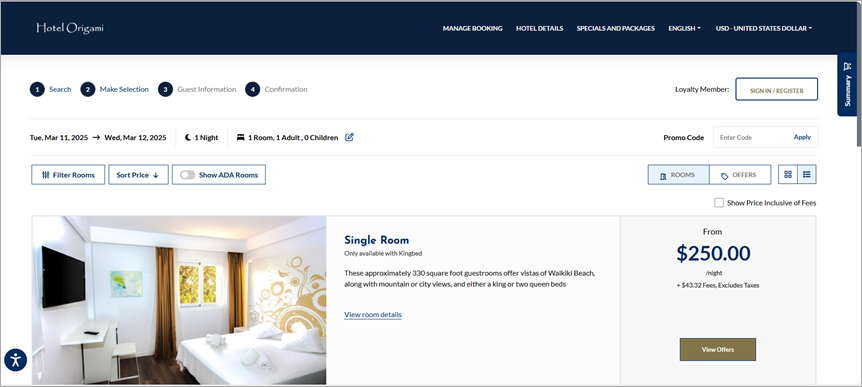 View of the updated room listing page of the desktop booking engine