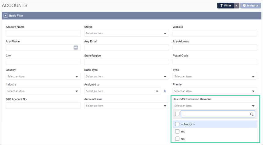 New "Has PMS Production Revenue" filter highlighted 