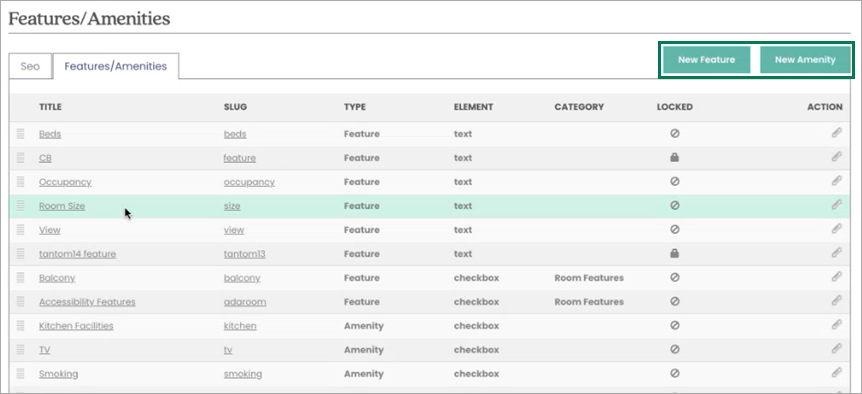 Features/Amenities dashboard with new buttons: New Feature & New Amenity