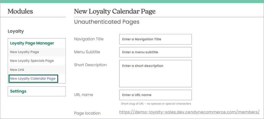 Loyalty module view. Select New Loyalty Calendar Page to create page.