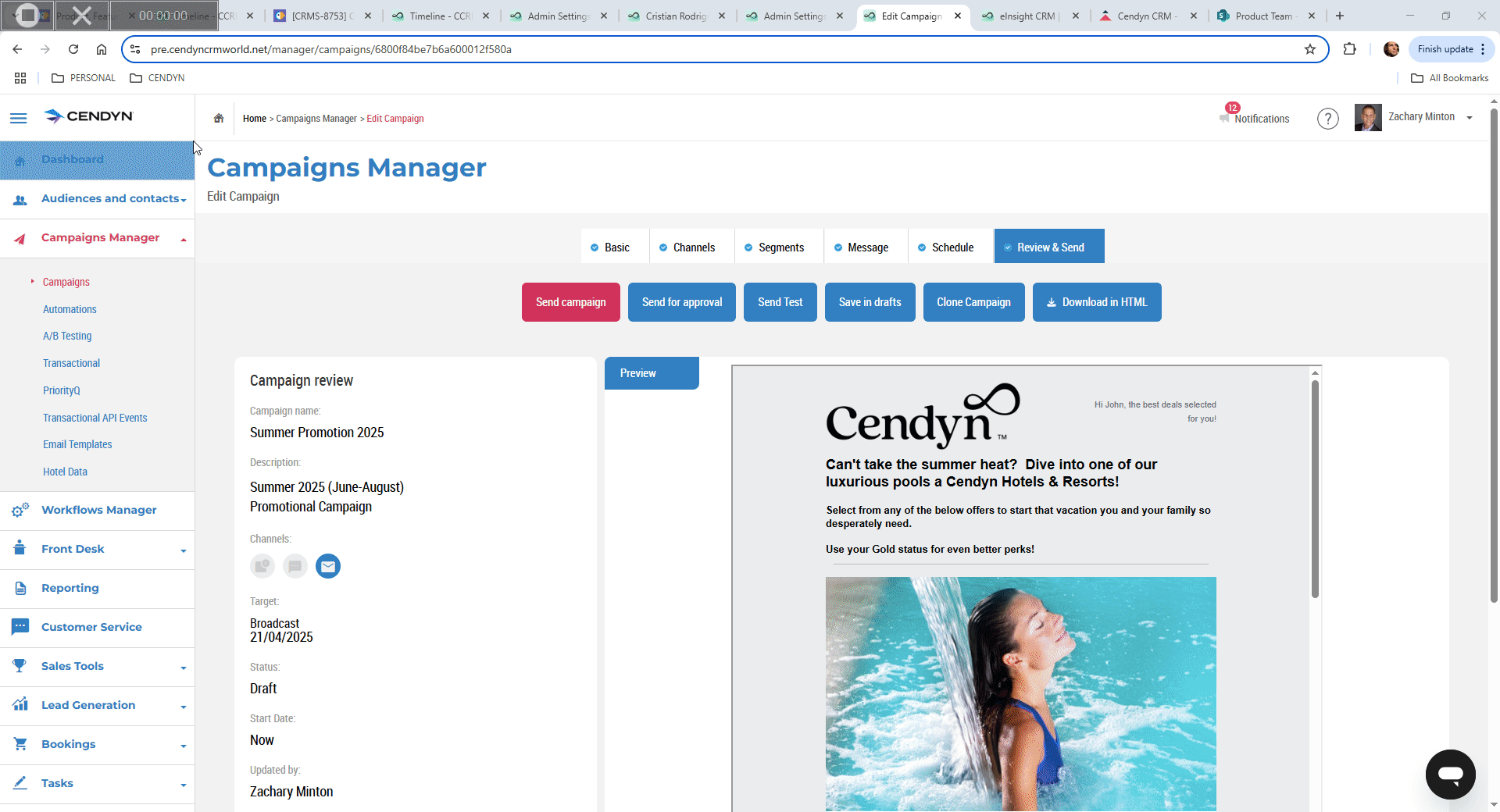 Steps to send test email with preview of dynamic content with real reservation data in Cendyn CRM