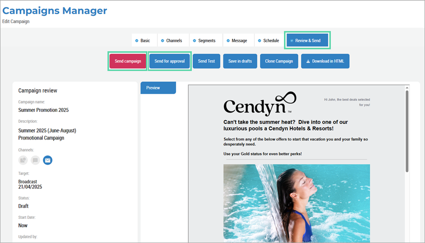 Send for Approval and Send Campaign have been relocated on a streamlined Review & Send page