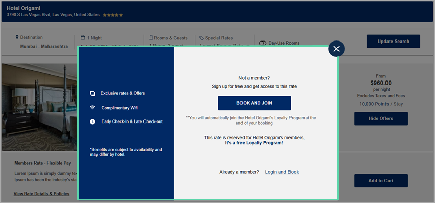 popup window asking user to Book and Join or log in