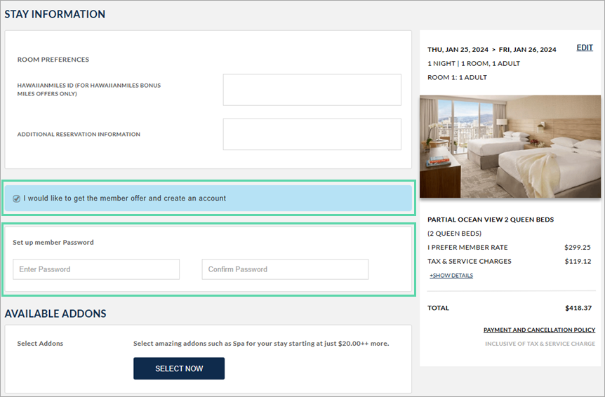 check out page showing option to create an account and password