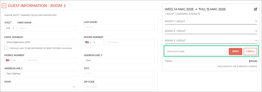 check-out page showing discount code applies to three rooms in shopping cart