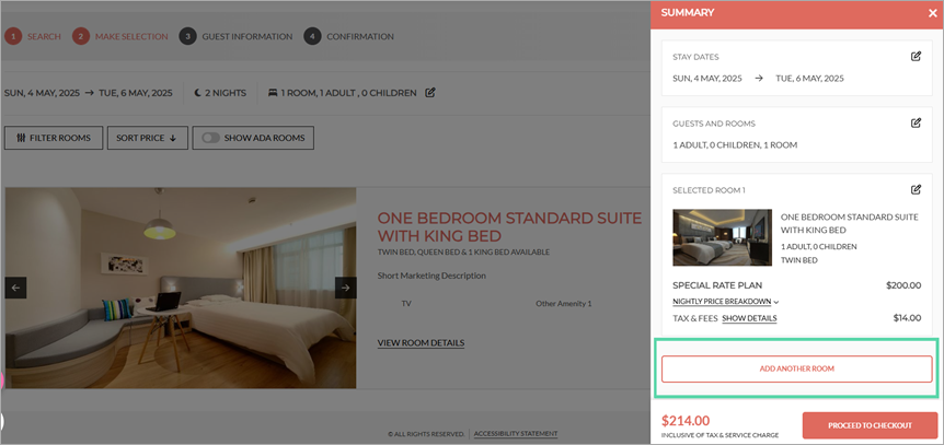"Add another room" button highlighted in Summary booking view