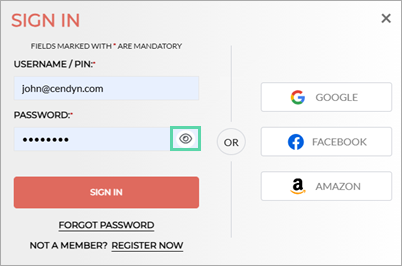 New show/hide icon highlighted in Sign in screen