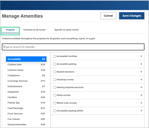 Screenshot of the Manage Amenities screen with the Property option highlighted