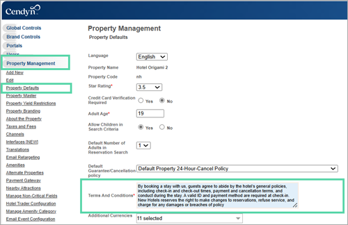Screenshot of Managing the Terms & Conditions in the Property Management screen