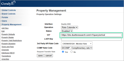 Screenshot of configuring the Calendar Sync with Duetto DRE