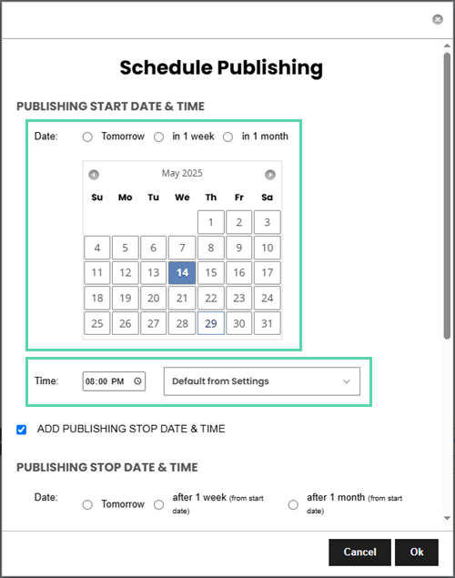 Screenshot of Schedule Publishing section highlighting the date and time areas