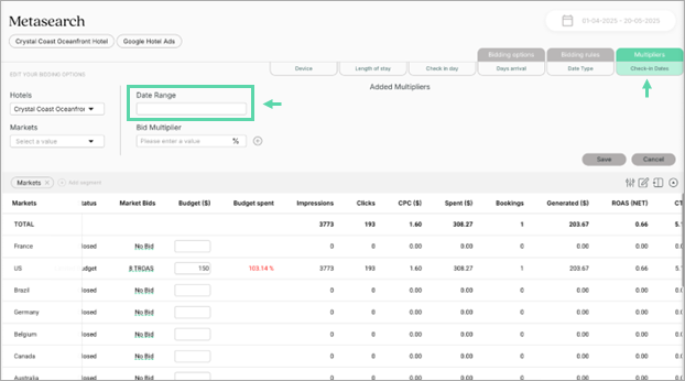 Capture d’écran montrant les nouveaux multiplicateurs pour les dates d’arrivée et le champ Plage de dates