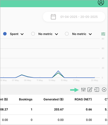 Capture d’écran montrant l’icône des paramètres à cliquer pour ouvrir la vue des multiplicateurs