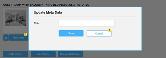 Popup window titled 'Update Meta Data' with a field to enter alt text and Save/Cancel buttons in a hotel image management interface.