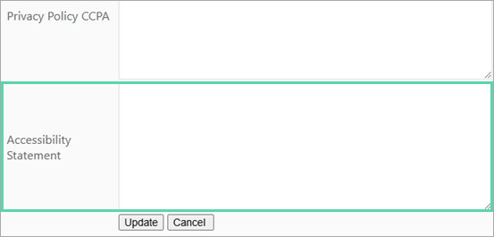 Screenshot showing the Accessibility Statement field highlighted with Update/Cancel buttons below.