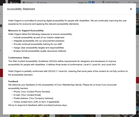 Screenshot of an example Accessibility Statement on the frontend of a booking engine.