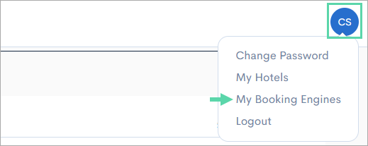 Screenshot of Extranet, showing the user icon, and My Booking Engines link