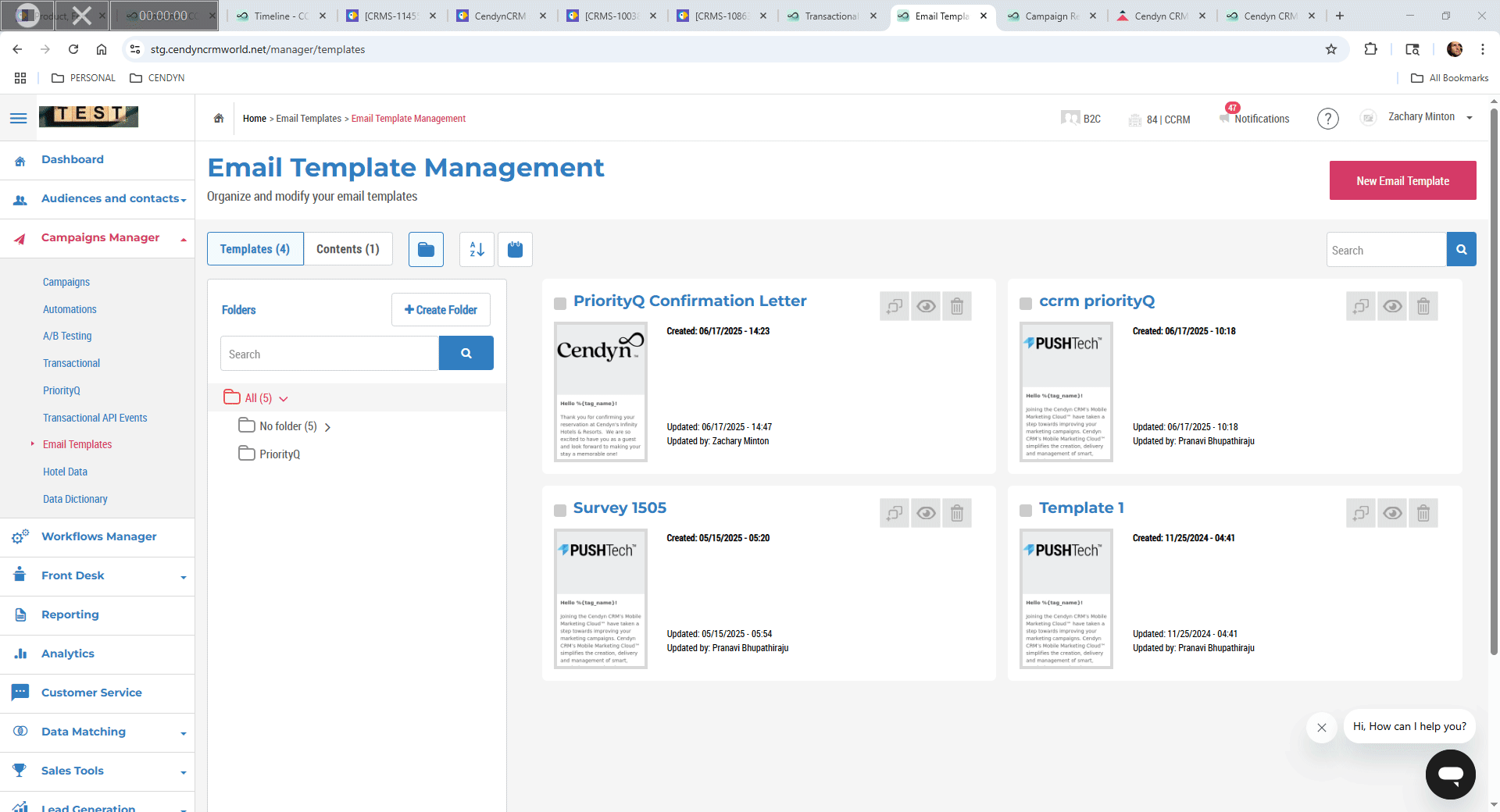 Video of the "Email Template Management" page within the Cendyn CRM interface. Shows steps to personalize transactional messages using PriorityQ.