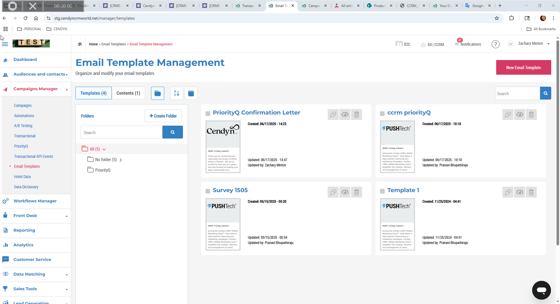Video starting on the "Email Template Management" page in the Cendyn CRM platform. Shows steps to enable up to five language variants per description field.
