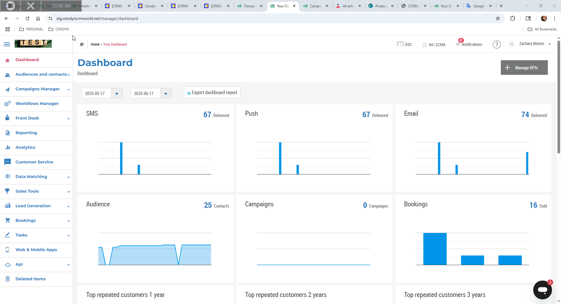 Video starting on of the Cendyn CRM Dashboard page. Shows steps to enable confirmation numbers in the Contact profile, Booking Details view, and a new column on the Booking Management screen.