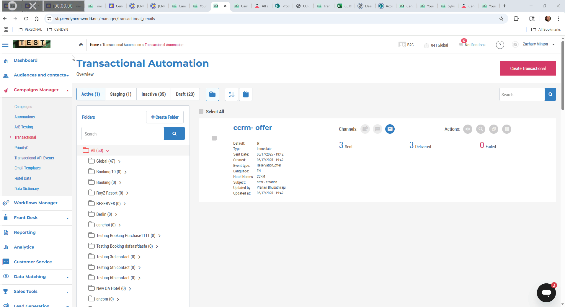 Video starting on the "Transaction Automation" page in the Cendyn CRM platform. Shows steps to use the staging feature to preview emails including live data in personalization tags.