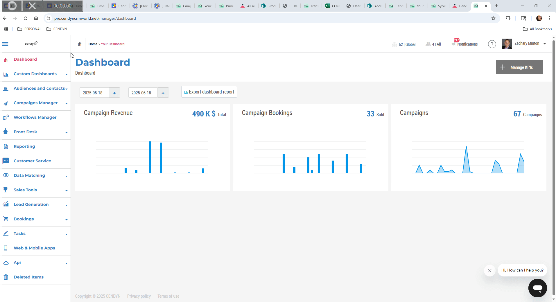 Video starting on the "Dashboard" page in the Cendyn CRM platform. Shows steps to add automations and workflows to your dashboard view.
